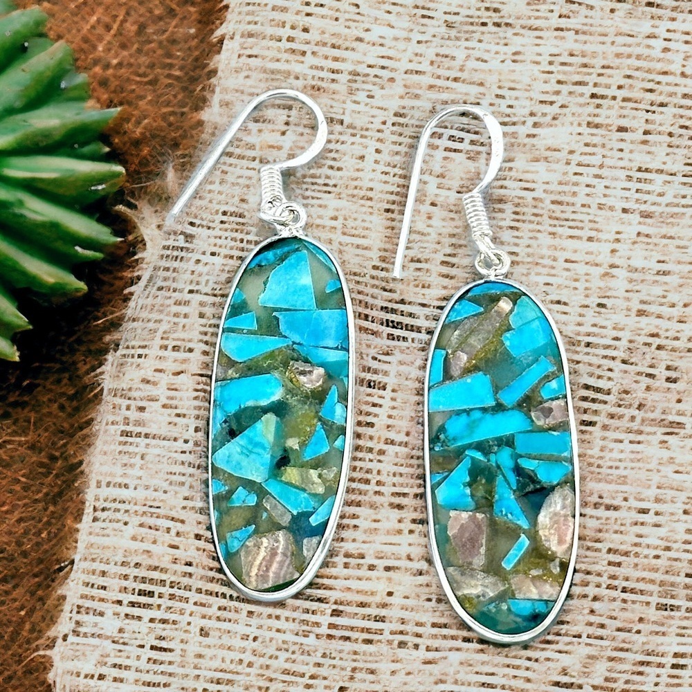 Turquoise Copper Silver 925 Handmade Statement Drop Earrings - Picture 2 of 2